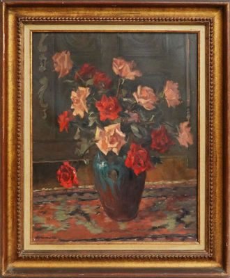 une peinture de roses dans un vase sur une table