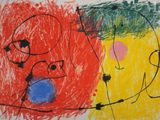 an image of a drawing of two faces with a red and yellow background