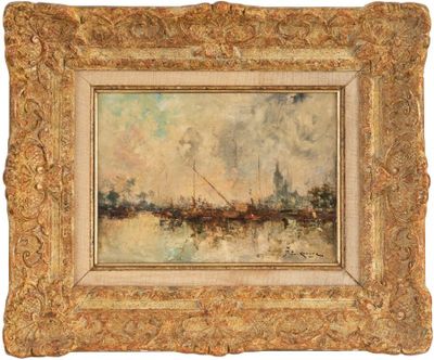 une peinture à l'huile représentant un bateau dans un plan d'eau