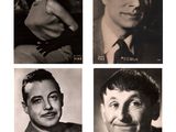 several black and white photos of a man and woman in suits