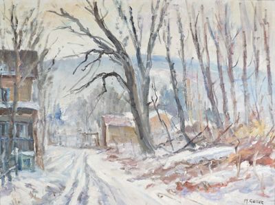tableau représentant une rue enneigée avec une maison et des arbres en arrière-plan