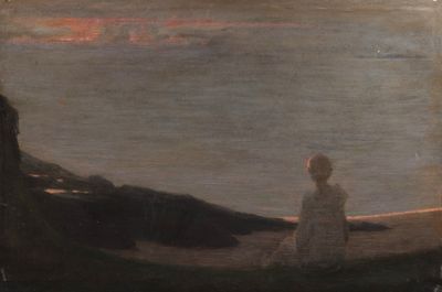 une image représentant un tableau où l'on voit une femme assise sur une plage