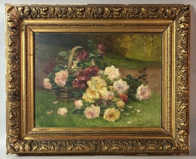 une peinture à l'huile représentant des fleurs dans un panier posé sur une table