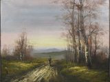 une peinture à l'huile représentant une personne marchant sur un chemin de terre