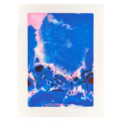 a blue and pink abstract painting on a white paper