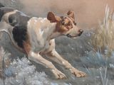 un tableau représentant un chien qui court dans l'herbe