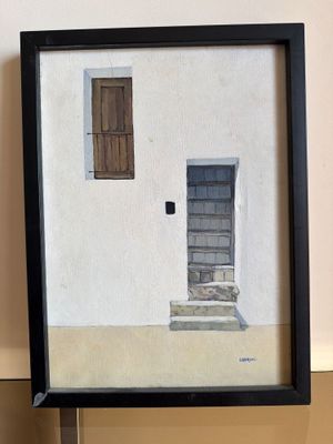 une image représentant une peinture d'une porte et d'un escalier devant un mur blanc