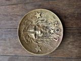 a gold plate with a lion head on it on a wooden table