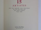 an open book with the title 15 artists written in red on it