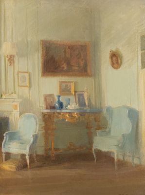 un tableau représentant un salon avec deux chaises et une table