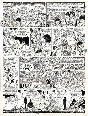 une page d'une bande dessinée sur laquelle figurent, en arrière-plan, un homme et une femme