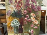 two paintings of flowers in a vase on the table