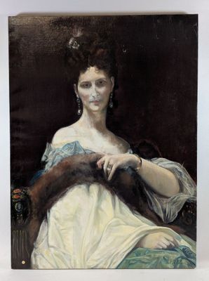tableau représentant une femme en robe blanche avec une étole en fourrure