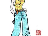 drawing of a woman in a yellow top and blue jeans