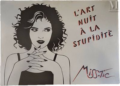 tableau représentant une femme en train de fumer une cigarette, sur lequel est inscrit « L'art nuit à la stupidité »