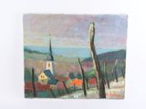 une peinture à l'huile représentant une église dans un cadre rural, avec une clôture