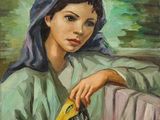 une peinture à l'huile représentant une femme tenant une banane à la main