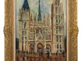 une peinture à l'huile représentant un grand bâtiment avec une tour horloge en arrière-plan