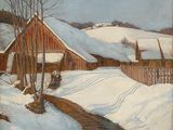 une image représentant un tableau d'un village enneigé traversé par un ruisseau