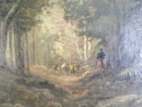un tableau représentant un homme marchant avec un troupeau de moutons dans les bois