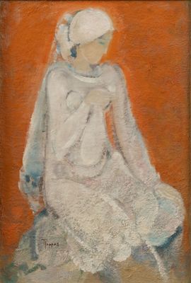 tableau représentant une femme en robe blanche assise sur un tabouret
