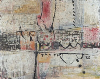 peinture abstraite représentant un paysage urbain, avec une multitude de couleurs et de formes différentes
