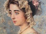painting of a woman in a bonnet with flowers in her hair