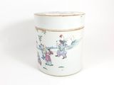 an image of a white container with a painting of people on it