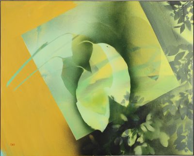 a picture of a painting of a leaf on a yellow background
