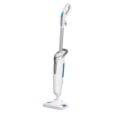 a white and blue vacuum cleaner on a white background