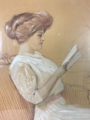 a painting of a woman sitting on a couch reading a book