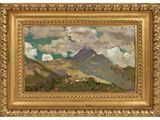 un tableau représentant un paysage de montagne avec des nuages dans le ciel