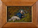 an oil painting of a man laying on the ground next to a tree