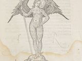 un vieux livre sur lequel figure le dessin d'un ange tenant un bâton