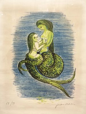 une illustration représentant une sirène tenant un bébé dans ses bras