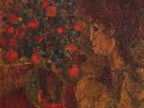 tableau représentant une femme avec des fleurs dans un vase posé sur une table