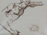 sketches of a man and a dog by a bird on a table