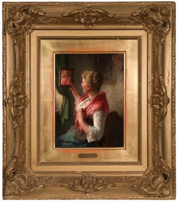 an image of a painting of a woman in a red shawl