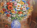 a painting of flowers in a blue vase on a table