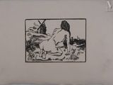 an image of a drawing of a woman sitting on the ground next to a horse