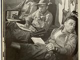 a book with a picture of a group of men sitting on a train