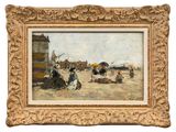 an image of a painting of a beach scene with people on the sand