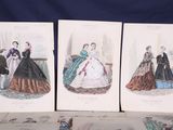 three antique fashion plates of ladies in dresses and hats