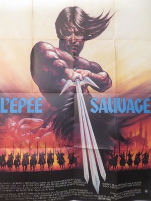 une vieille affiche de cinéma représentant un homme tenant une épée devant un coucher de soleil