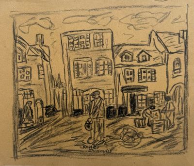 drawing of a man walking down a street in a city
