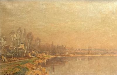 tableau représentant un tableau d'une rivière avec un bateau sur l'eau