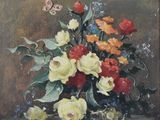 a painting of flowers in a vase on a table