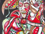 un tableau représentant une femme en robe rouge tenant un couteau
