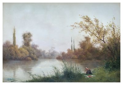 a painting of a man and a woman sitting on the bank of a river