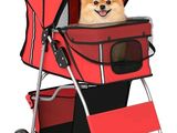 un chien dans une poussette rouge avec un guidon noir